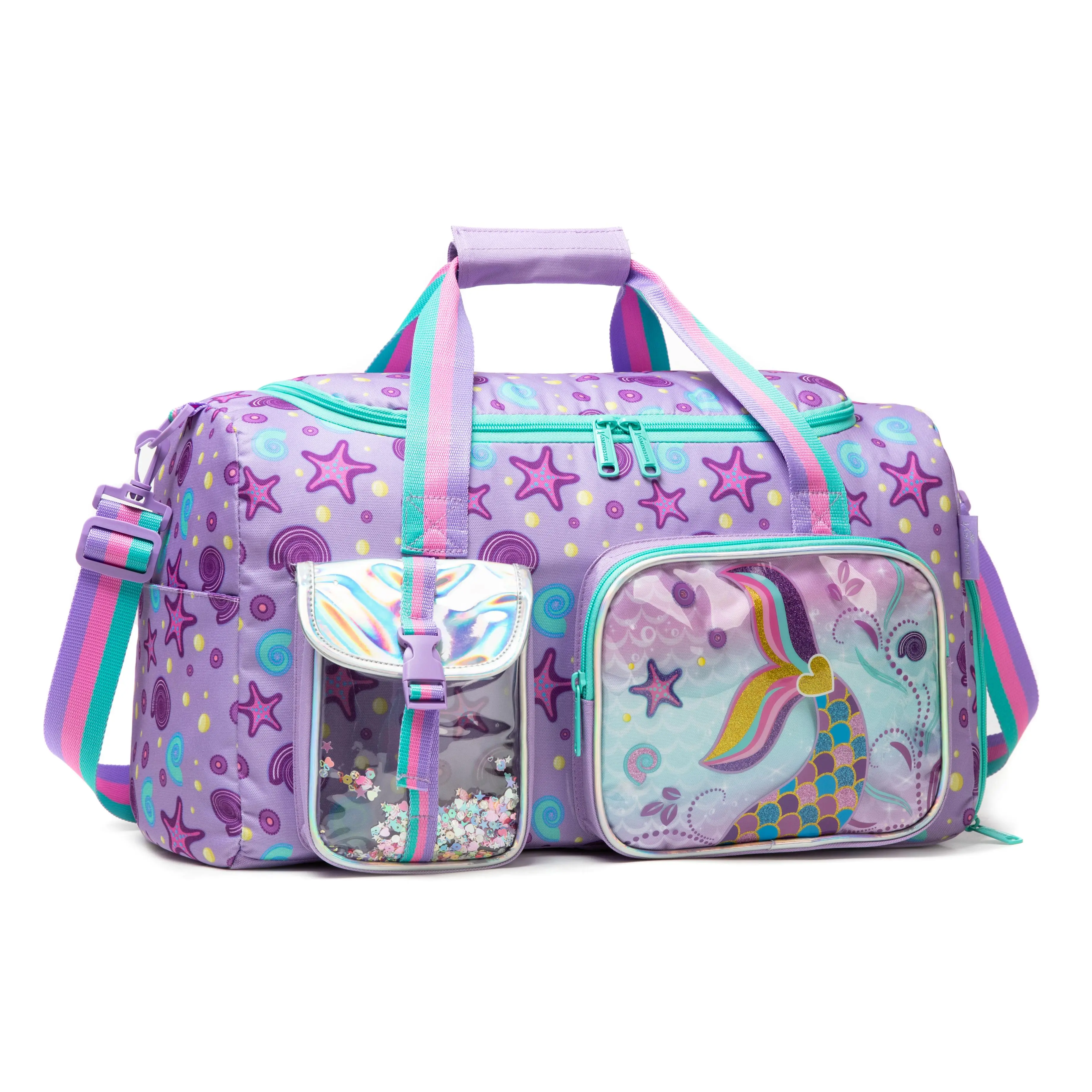 Girls' Purple Mermaid Print Quilted Duffle Bag - Cute, Foldaway, Wide-Opening, Collapsible Overnight Travel Bag with Glitter Pouch for Sleepovers, Dance, Cute Travel Bags, Foldaway Travel Bags