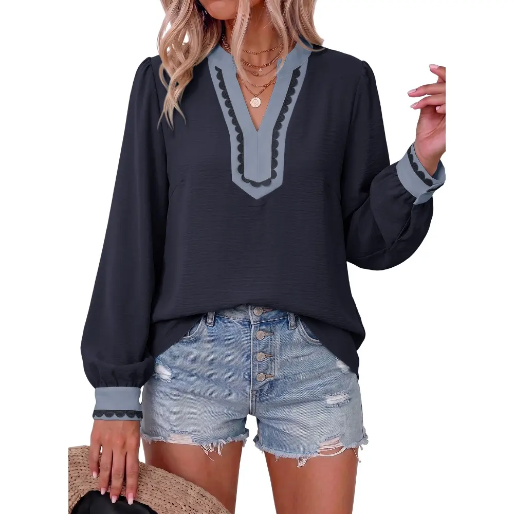 DOKOTOO Women’s Boho Floral Print Colorblock Top, V-Neck Long Sleeve Blouse with Scalloped Contrast Trim, Loose Fit Casual Pullover Shirt, Trendy Fall Vacation Outfit Beachy Tops Loose Tops