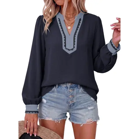 DOKOTOO Women’s Boho Floral Print Colorblock Top, V-Neck Long Sleeve Blouse with Scalloped Contrast Trim, Loose Fit Casual Pullover Shirt, Trendy Fall Vacation Outfit Beachy Tops Loose Tops