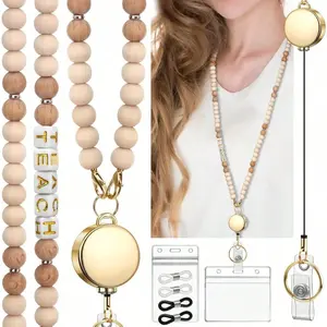Teacher Lanyard with Id Holder, Cute Lanyards for Id Badges Keys, Retractable Natural Wooden Beaded Lanyard for Women, Stylish (with Two Transparent Card Holders and Eyeglass Rubber Bolts)