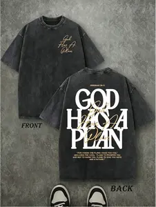 Jesus Tee God Has A Plan Graphic Tee Double-Sided Print Washed T-Shirt Holiday Gifts Y2K Men's Graphic Tees, Street - Style Vintage Washed T - Shirts,100% Pure Cotton, Unisex Graphic Tees Halloween Back ToSchool ShirtsNew Casual T-Shirts For Men And Women