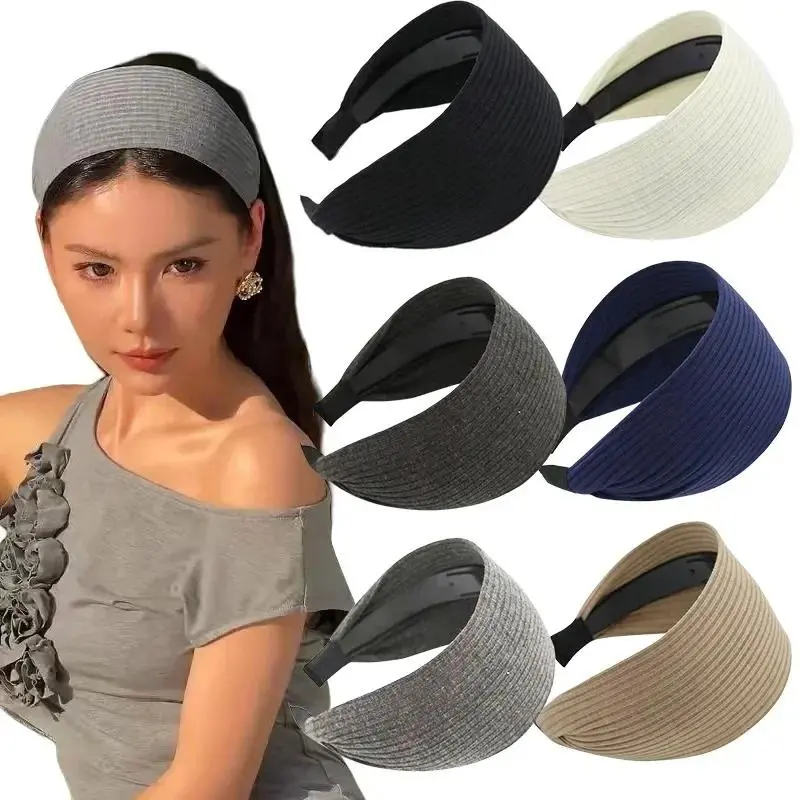 Women's Wide Knitted Cotton Headbands - Korean-Style Solid Color Turbans with Inner Anti-Slip Grip Teeth, Elastic Everyday Wear Headband Accessory, Inner Grip