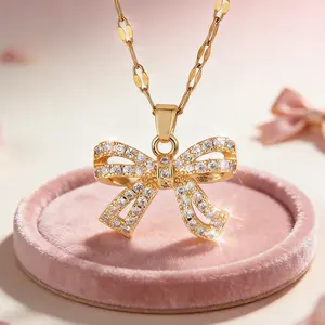 Gold Plated CZ Bow Pendant Necklace Womens Stainless Steel Paperclip Chain Luxury Shiny Dainty Statement Jewelry Gift