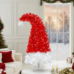 Merax 7FT Prelit Red Christmas Tree with Santa Hat Elf Hat Whimsical Design 400 LED Lights 1250 Tips for Festive Holiday Decor