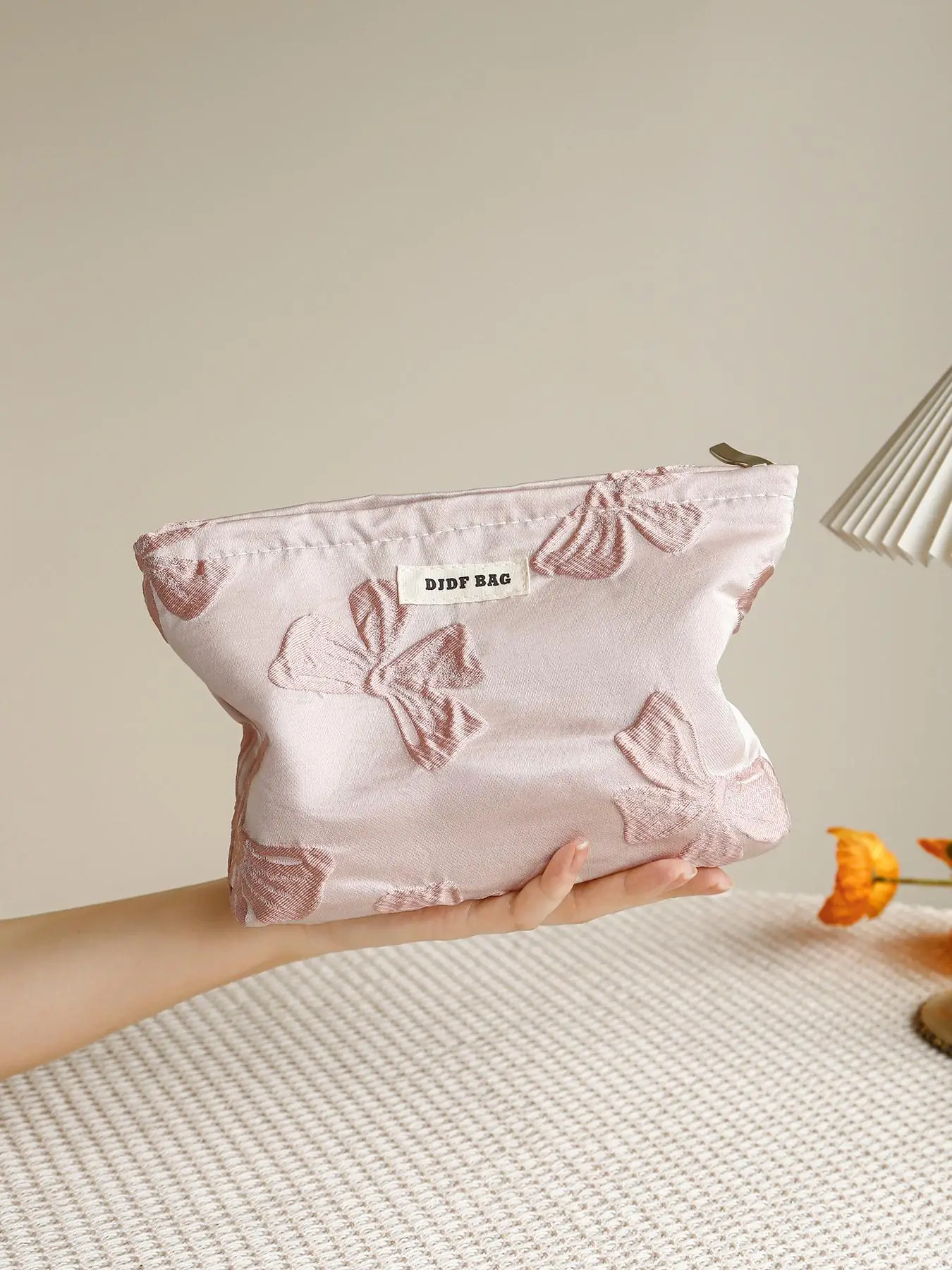 Solid Color Bow Decor Makeup Bag, Large Capacity Cosmetic Storage Bag, Zipper Makeup Organizer Pouch, Trendy Versatile Daily Bag