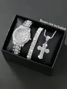 Women's Silver Rhinestone Alloy Strap Elegant Casual Quartz Watch, With Necklace Bracelet, Watch Set Suitable For Daily Decoration
