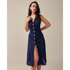 Navy V Neck Polka Dot Tie Back Midi Dress