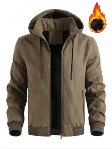 Men's Fleece Lined Jacket Hooded Thick Warm Coat Casual Spring Autumn Outerwear, Men's Plush Cotton Padded Thermal Lined Jacket for Winter