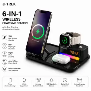 JPTREK 6-in-1 Wireless Charging Station with Auto Lifting Stand, LED Night Light, Digital Clock, Phone Watch Earbuds Charging Dock for iPhone, Android, Apple Watch and AirPods, Desktop Organizer Gift