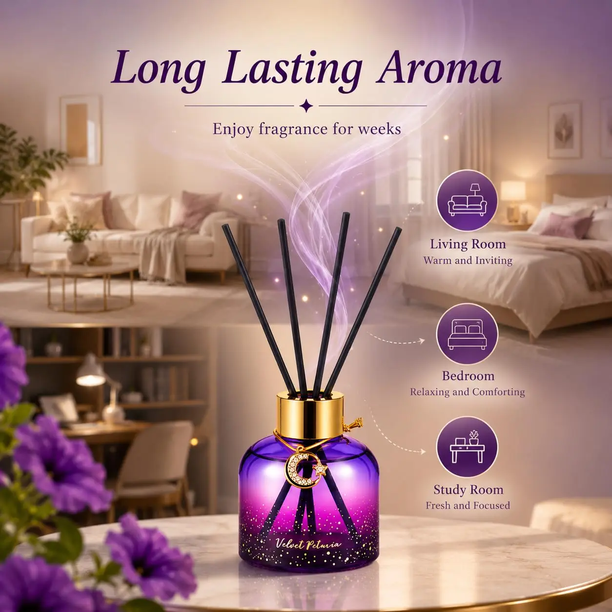 Reed Diffuser Set, Pretty Valley Home Diffuser 80Ml / 2.7 fl OZ Gift Box - Includes Reed Diffuser Sticks, Long Lasting Fragrance Oil and Glass Bottle for Office Living Room Decor (Velvet Petunia)