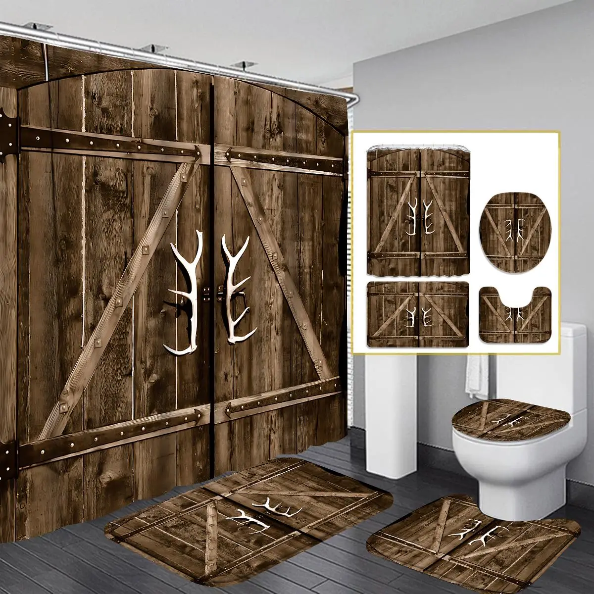 Vintage Wood Board Pattern Shower Curtain, 4 Counts Bath Mat & U-shaped Toilet Rug & Toilet Lid Mat & Shower Curtain Set Or 1 Count Shower Curtain wit