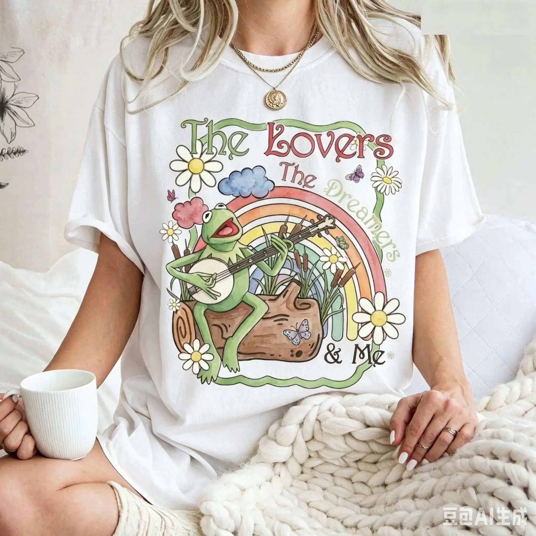 Vintage Watercolor Kermit the Frog  Shirt, Muppets Rainbow Tee, "The Lovers The Dreamers and Me", Family Trip Tee 2026 Unisex Womenswear Graphic Tops 546 graphic tee Embroidered Flat
