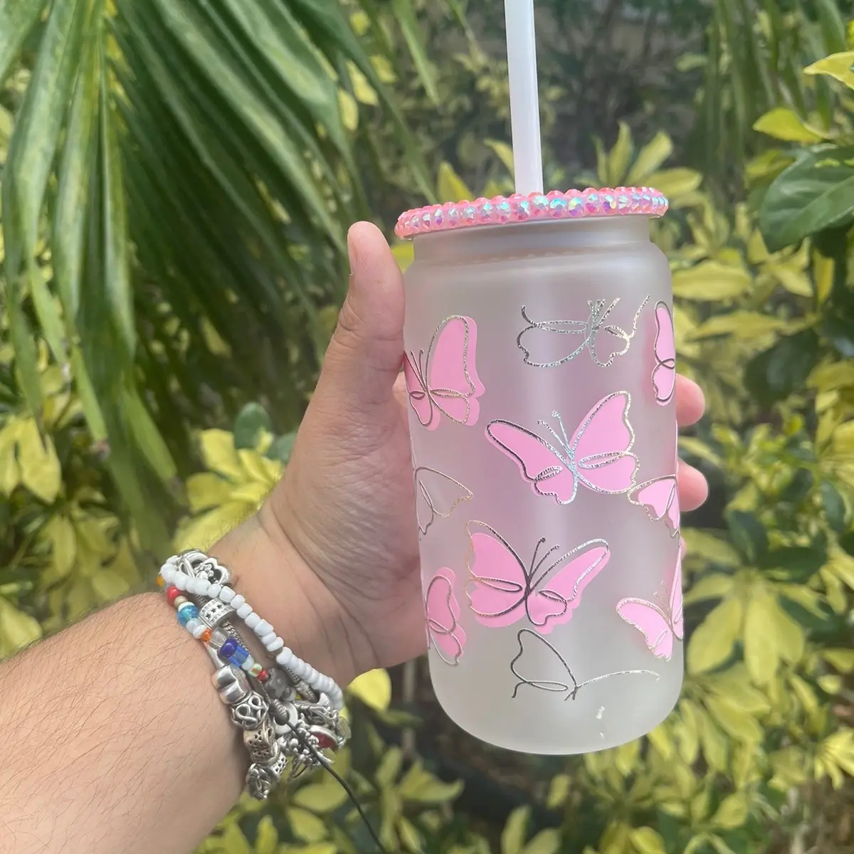 Pink & Gold butterfly  16 oz glass cup with Bling lid