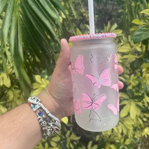 Pink & Gold butterfly  16 oz glass cup with Bling lid
