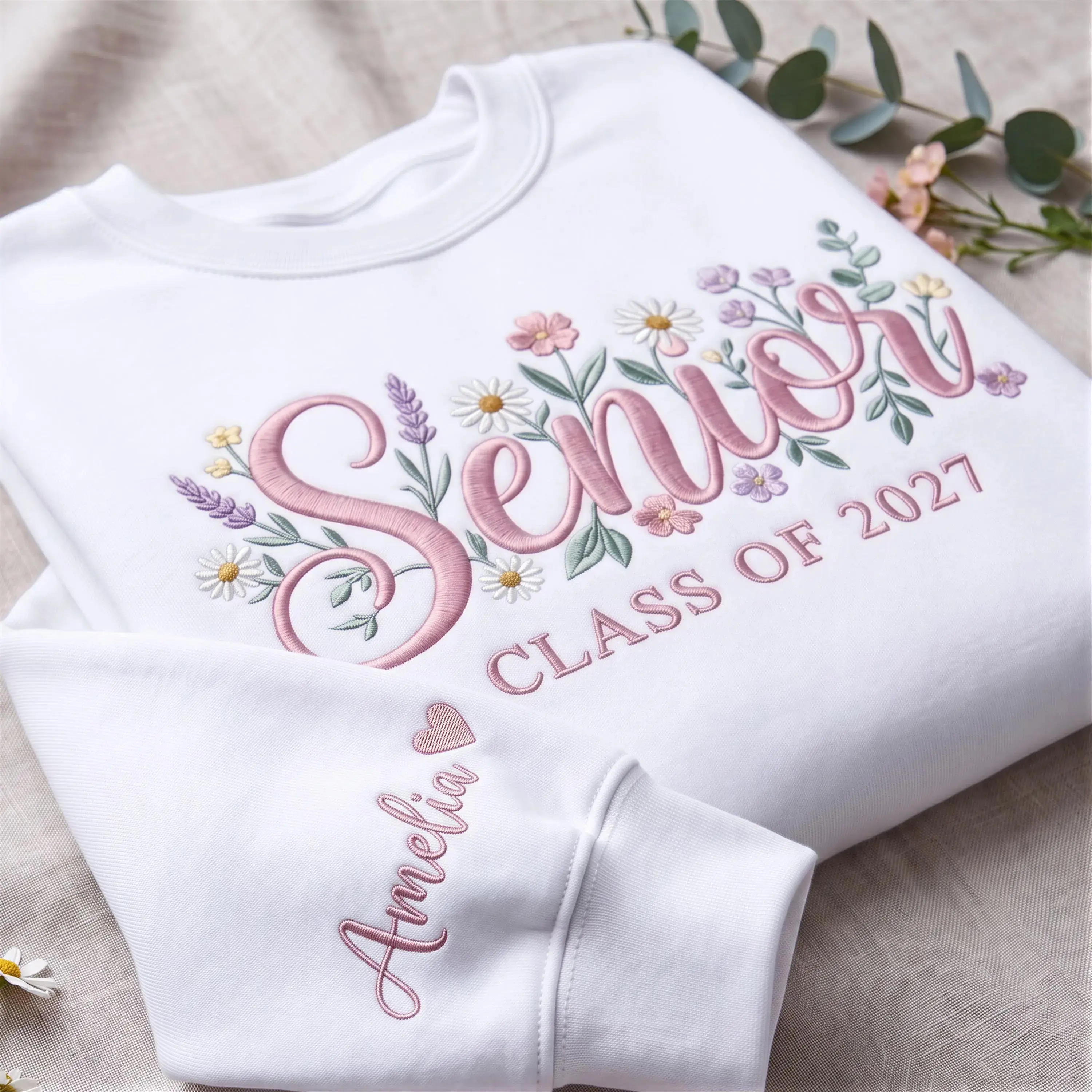 [MADE IN US] Personalized Floral Senior Sweatshirt, Class of 2027 Embroidered Crewneck, Custom Graduation Gift