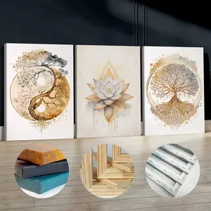 3Pcs Wooden Framed Canvas Painting, Golden Lotus and Divine Tree Art Print, Exquisite Poster, Home Decoration, Pattern Wall Art Decor, For Living Room, Bedroom, Office, Restaurant, Bar Wall Decor, Odorless, Painting, Print Artwork.