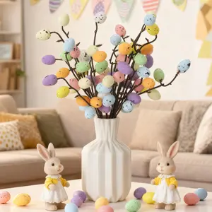 4-piece Easter speckled egg decoration cuttings, Decorative Easter Stems, Artificial flower arrangements, spring style, with 10 multicolored speckled eggs, suitable for decorating desktop vases, windowsills or holiday party scenes during Easter