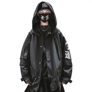 Hij7 Niepce Black Techwear Fashion Japanese Kanji Cyberpunk Jacket with Hoodie
