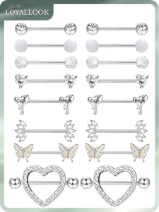 LOYALLOOK 8 Pairs Nipple Rings 14G Stainless Steel Nipplerings CZ Heart Butterfly Ball Tongue Barbell Rings Retainer Body Piercing Jewelry for Women