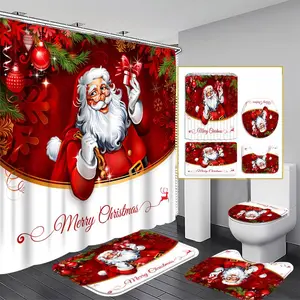 Christmas Themed Bathroom Decorations, 4 Counts/set Including Shower Curtain & Toilet U-shape Mat & Bath Mat & Toilet Lid Cover, Bathroom Accessories, Shower Curtain Sets