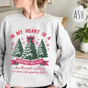 In My Heart Is A Christmas Tree Farm Sweatshirt, Pink Christmas Sweatshirt, Pink Merry Christmas Trees Sweatshirt, Tis The Season Sweatshirt
