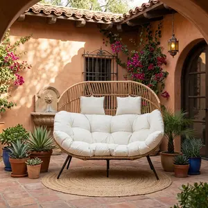 Walsunny Double Egg Chair, Indoor Outdoor 2 Person Egg Wicker Loveseat Chair Stationary Oversized Chair, Thick Padded Cushions, Extra Large Lounge Chair for Patio Balcony Porch Backyard, Beige