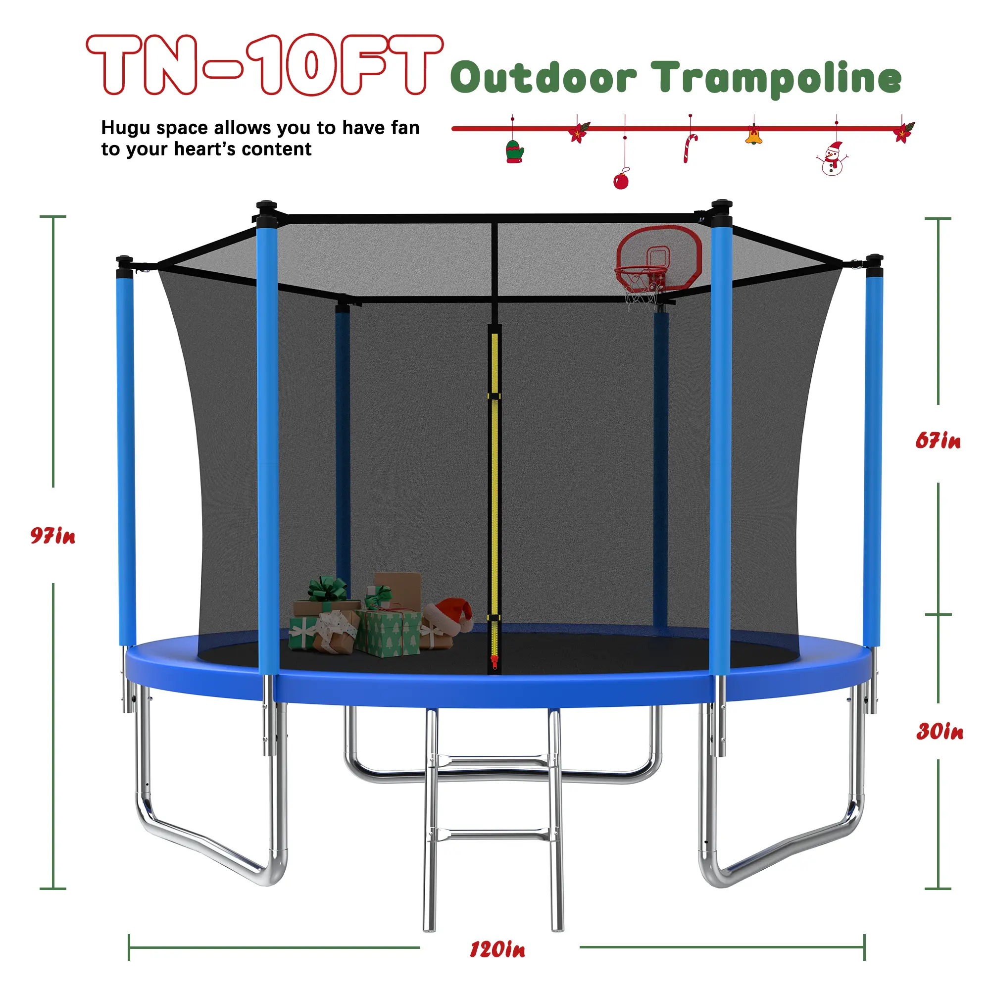 10FT Blue Round Enclosed Recreational Trampoline with Steel Frame and Enclosure Net, Outdoor Kids Trampoline for Home Workout or Christmas Gift,summerwins