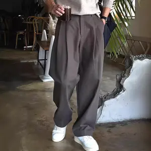 Dark Gray Pleated Men's Trousers with Hidden Button Design, Snap Button Long Pants, Casual Versatile Suit Pants, Wide-Leg Suit Trousers