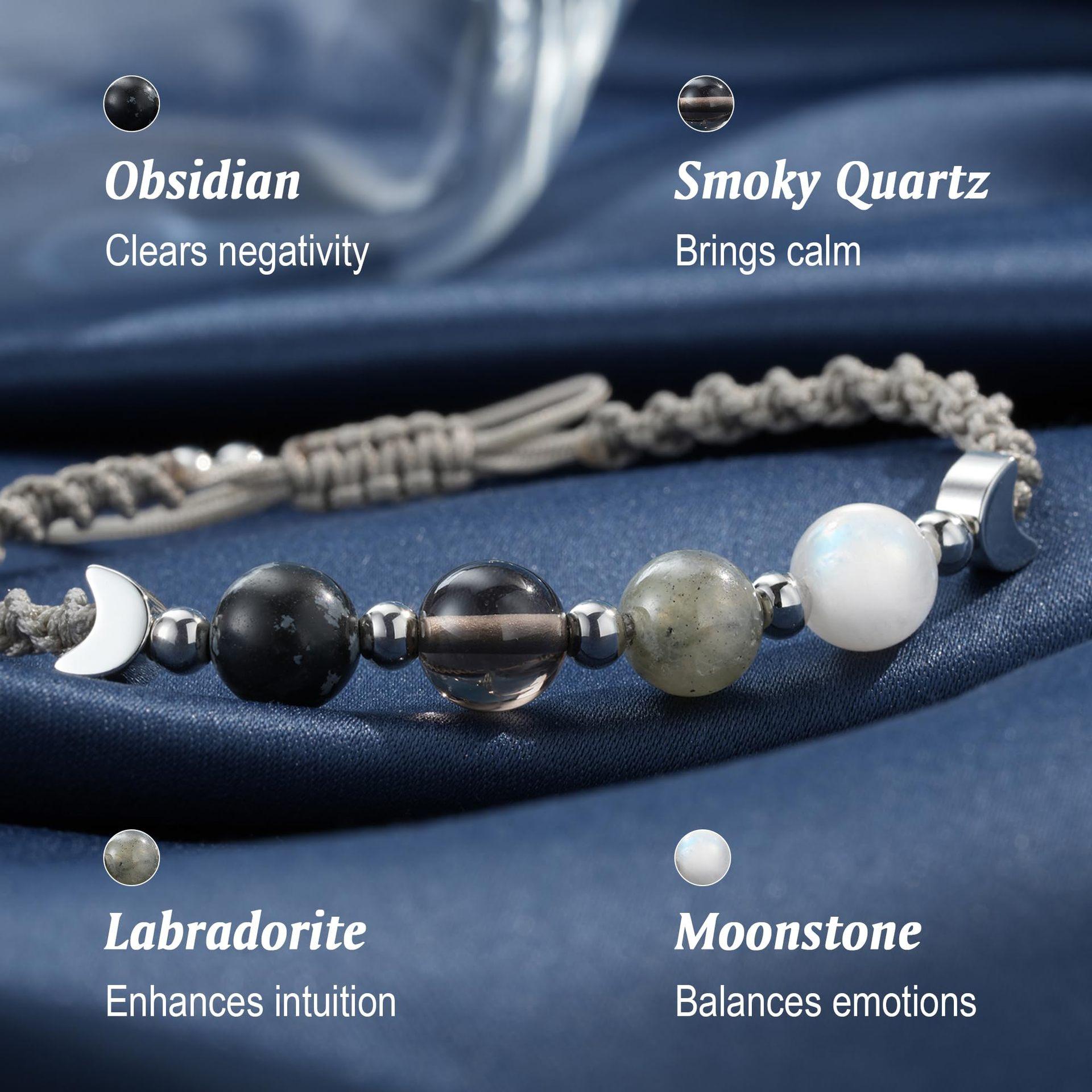 Witchy Jewelry - Obsidian Smoky Quartz Labradorite Moonstone Bracelet, Natural Crystal Healing Stone, Clears Negativity Brings Calm Enhances Intuition Balances Emotions | Witchtok Healing Jewelry