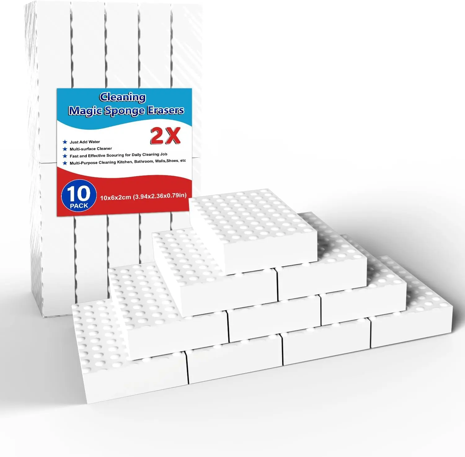 10-Pack Magic Cleaning Erasers, Heavy-Duty 2X Density Melamine Foam Sponge Pads, Multi-Functional Cleaner for Kitchen, Bathroom, Shower, Glass, Walls, Cars & Household Surfaces