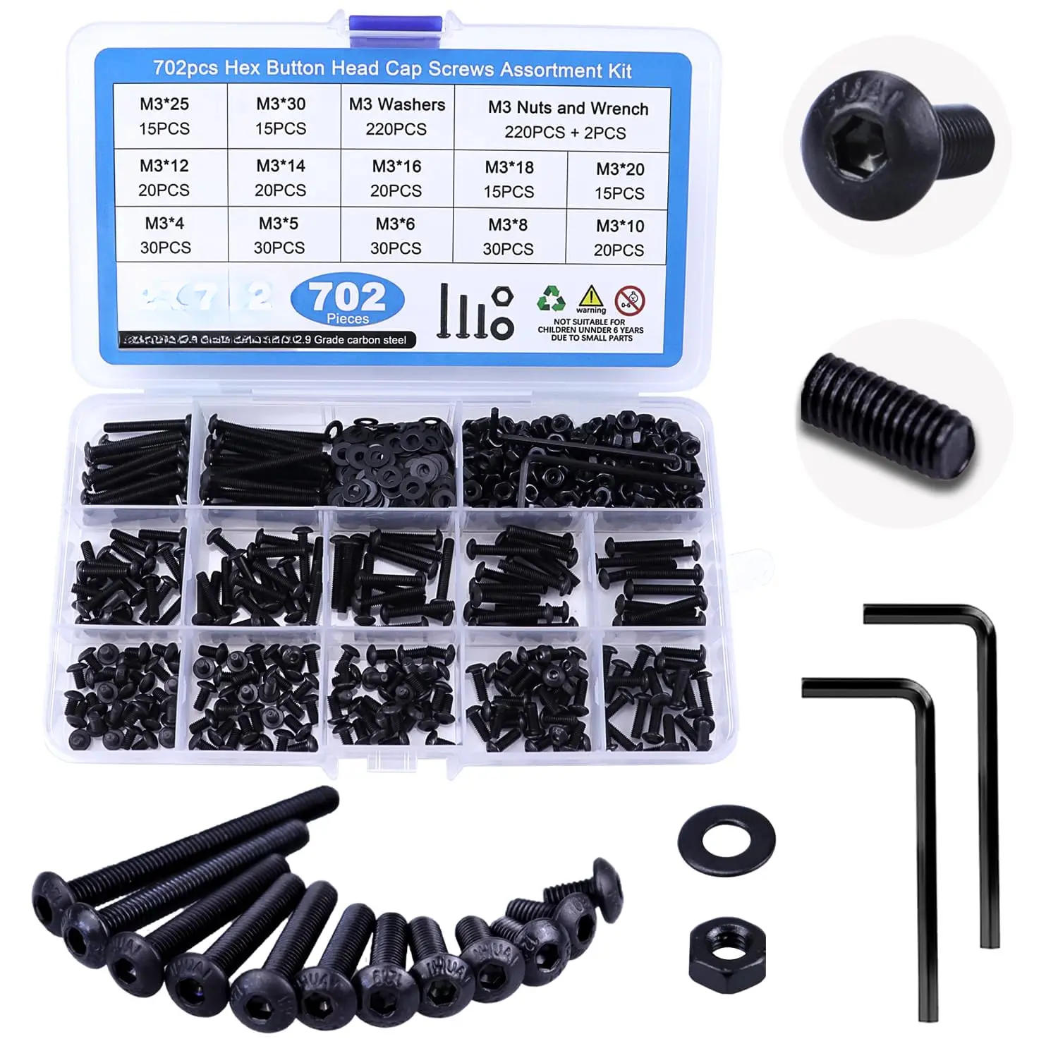 702 count Metric M3 Screw Assortment, Hex Button  Cap M3 Machine Screws  and Nuts Washer Assortment Kit with Allen Wrench, M3x4/5/6/8/10/12/14/16/18/20/25/30mm, 12.9 Grade Alloy Steel