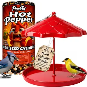 Hot Pepper Bird Seed Cylinders + Red Bird Seed Cylinder Feeder – Spicy Birdseed to Reduce Squirrels – Bird Seeds for Outside Wild Birds – No Mess Birdseed – Hot Birdseed with No Filler – All Natural, USA Made (4" x 7.75")