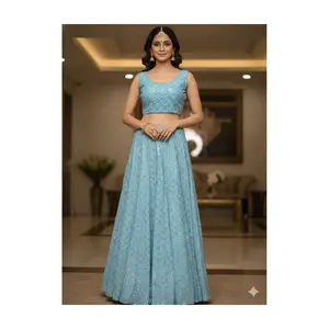 #K29 Aqua Blue Mirror-Work Lehenga Set (Top(Sleeve attached) + Skirt)