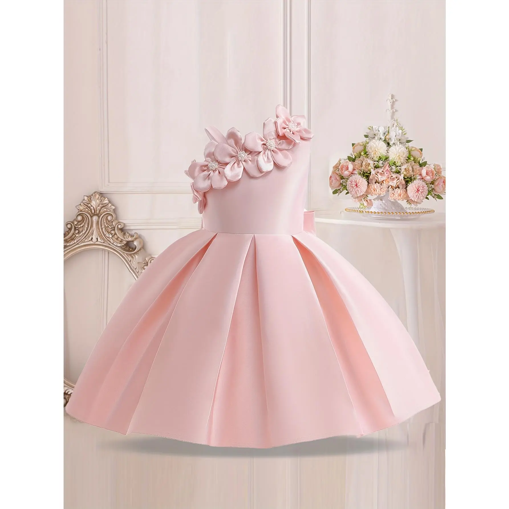 Girls' Princess Birthday Prom Dress - 11-12 Years, Loose-Fit, Off-Shoulder, Bow, Beads, Floral Puff, Crew Neck, Knee-High, 65% Polyester-35% Viscose Blend, All-Season Formal Party Wear