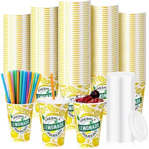 300 Pieces/100 Sets 12 oz Lemonade Cups with Lids and Straws Disposable Decorative Lemon Paper Cups for Party Lemonade Stand Supplies for Water Juice Coffee Birthday Decorations