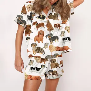 SHESHOW - Dachshund Pajama Set For Women Print Comfy Satin Sleepwear & Loungewear Pjs Short Sleeve Top & Bottoms Shorts Without Pockets