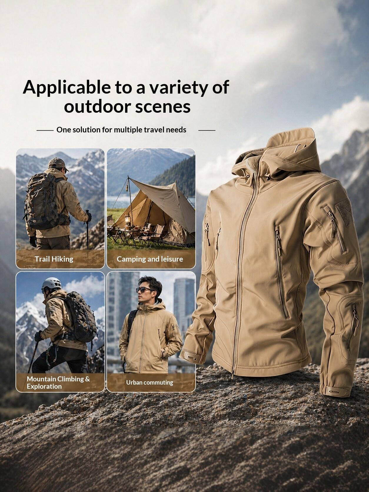 Men’s tactical softshell fleece outdoor jacket, windproof, waterproof, wear-resistant, breathable, multi-pocket mountaineering hiking jacket, Multi-Pockets, Universal Sport