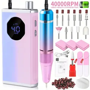 40000RPM Cordless Rechargeable Electric Nail Rig Pink Grey Low Noise Professional Electric Manicure Machine, Nail Kit, Nail Polisher, Gel Cutter, Nail Lathe, File, Polishing Tool