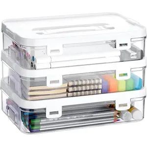 3 Pack Clear Plastic Storage Box with Handle & Flap Lid, Portable Craft Organizers and Storage Box Art Supply Storage Organizer Multipurpose Plastic Sewing Box for Beads Pencils Sticky Notes