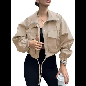 Women's Solid Zip Up Crop Jacket, Casual Fitted Fashionable Pocket Lightweight Long Sleeve Outerwear, Ladies Spring & Fall Clothes, Clothes for Women, Womenswear