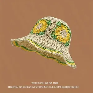 Boho Floral Straw Bucket Hat for Women, Foldable Woven Sun Hat with Ethnic Jacquard Design, Lightweight Packable Fisherman Hat for Beach, Travel, Vacation, Festivals & Summer Daily Wear outdoorfun