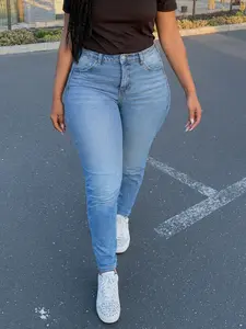 Plus Size Solid Blue Denim Slim Skinny Jeans, Casual Long Pants with Button Fly for All Seasons, Stylish Fit for Every Occasion