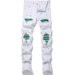 Men's Ripped Patch Elastic Jeans Fashion Slim Fit Regular Denim Pants