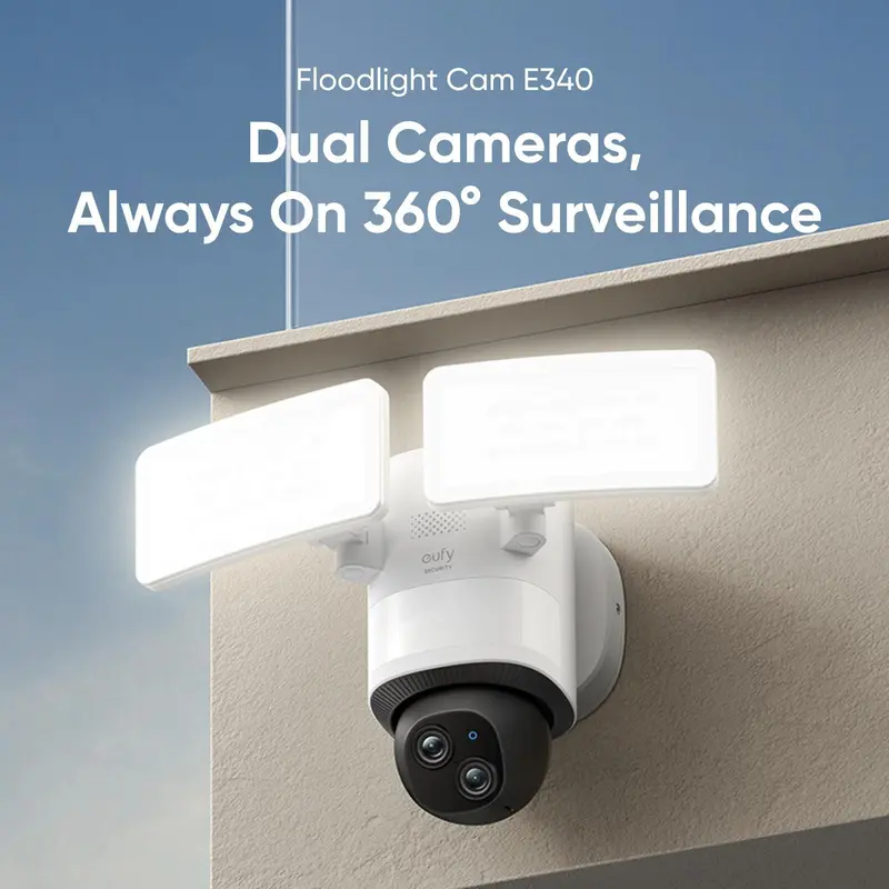 eufy Security Wired Floodlight Camera E340, 360° Pan and Tilt, 2000 Lumens, Dual Camera, Dual-Band Wi-Fi, Motion-Activated, 24/7 Recording, HomeBase 3 Compatible, Local Micro SD Storage, No Monthly Fee | Spingtok