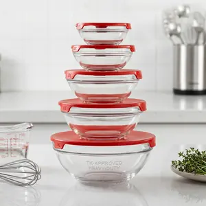 5-Piece Aesthetic Glass Nesting Bowls with Crimson Lids  | Space-Saving Meal Prep & Dipping Set | Clear Glass Food Storage