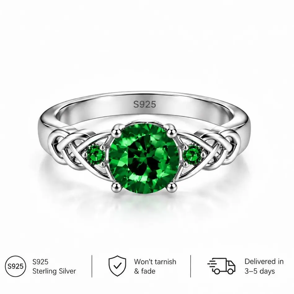 S925 Sterling Silver Green Gemstone Celtic Knot Ring for Women, Vintage Inspired Emerald Green Oval Stone Ring, Elegant Irish Knot Jewelry, Anniversary Birthday Gift for Her, Size 6-10