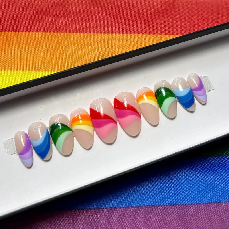 Rainbow French Tip Press On Nails, Colorful Wave Almond Nails, Glossy Nude Base Acrylic Nails, Trendy Summer Nail Design