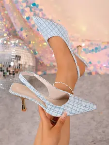 Women's High Heel Slip-On Sandals, Birdseye Pattern and Slim Heel Design, Elastic Back Strap, Elegant Shoes for Special Occasions