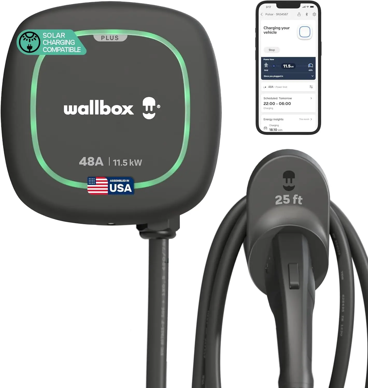 URGEWWallbox Pulsar Plus Level 2 Ev Charger 48A, Electric Car Charger EVSE J1772 | Hardwired 48 Amp EV Charger Level 2, Electric Vehicle Charging Station Solar Energy Compatible, 25ft Cable, Outdoor & Indoor