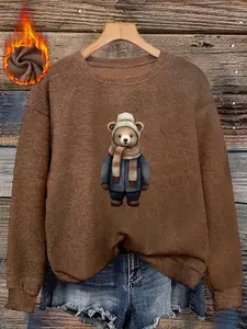 Women's Fall Winter Fitted Animal Print Sweater, Soft Plush Round Neck Top, Cute Bear Illustration, Cozy Atmosphere Daily Wear